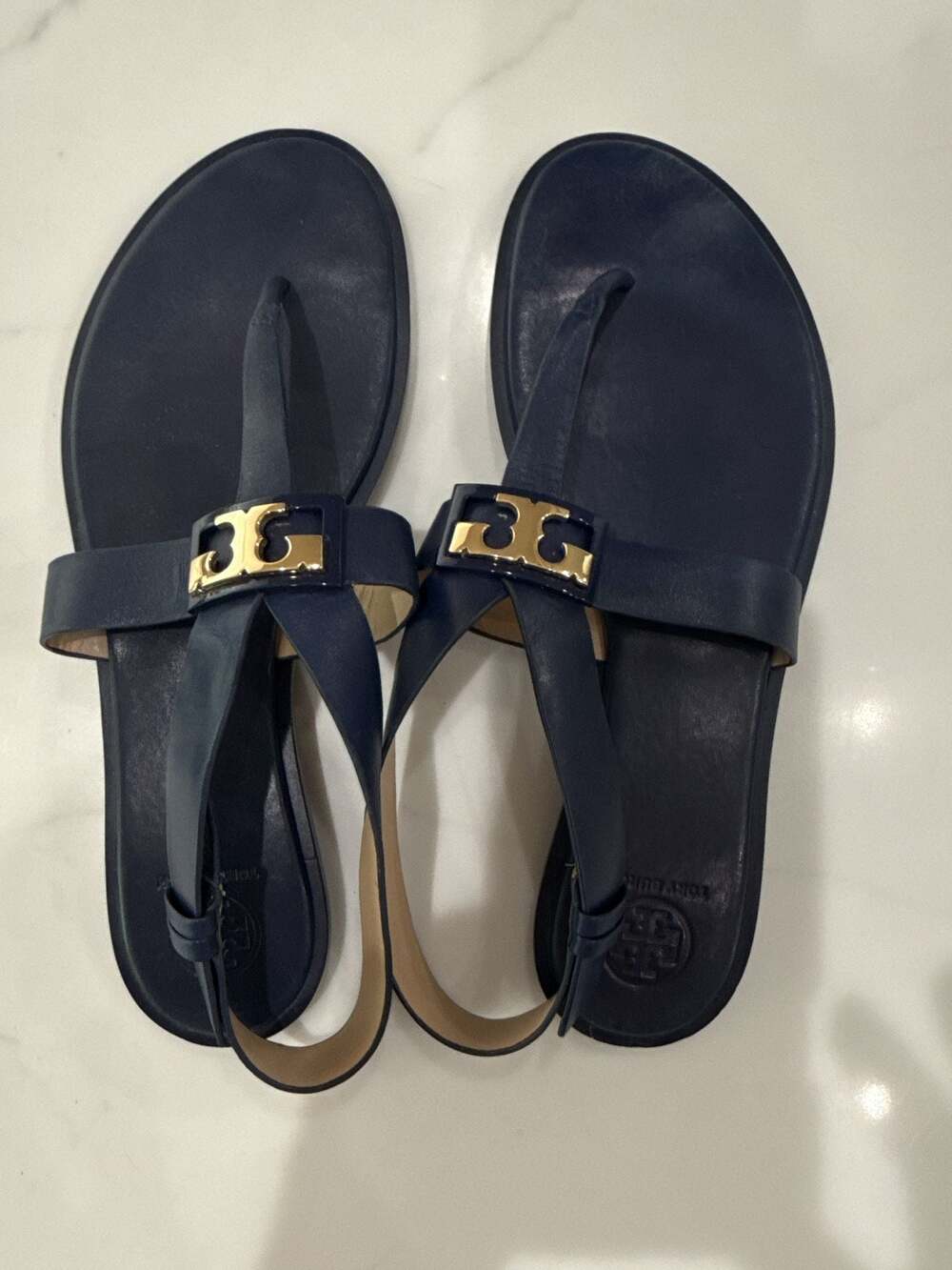 Tory Burch Navy Blue Leather Gigi Thong Flat Sandals Size 10